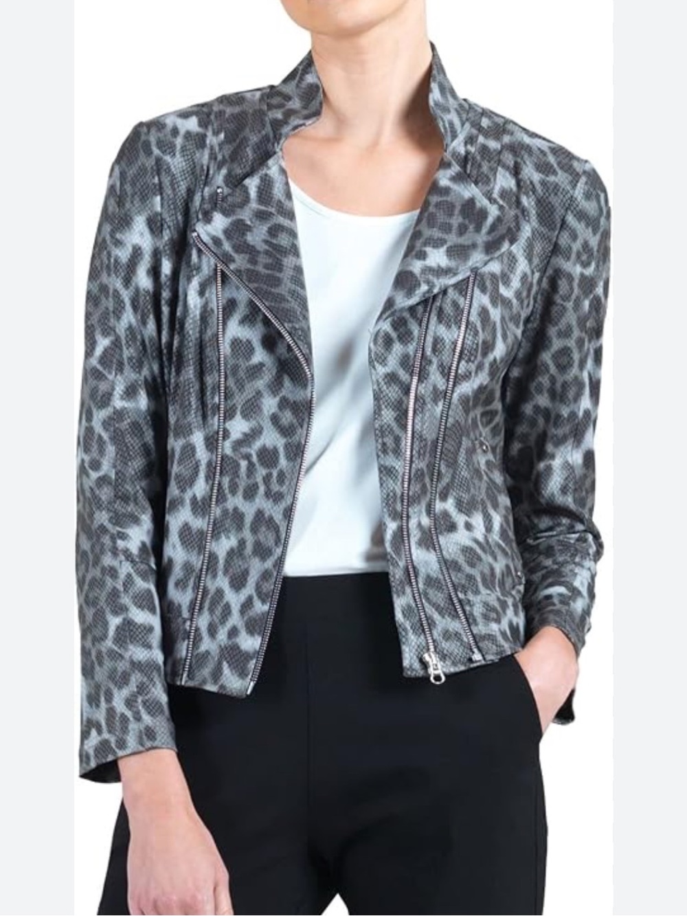 Clara Sun Woo Liquid Leather Moto Jacket Cheetah Leopard Print Grey XS